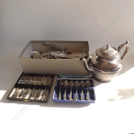 BOX LOT DANISH CUTLERY, EP TEAPOT, 2 SETS CASED SPOONS