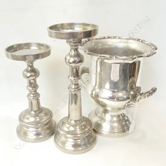 SILVER METAL CHAMPAGNE BUCKET H.260mm + PR CANDLEHOLDERS 