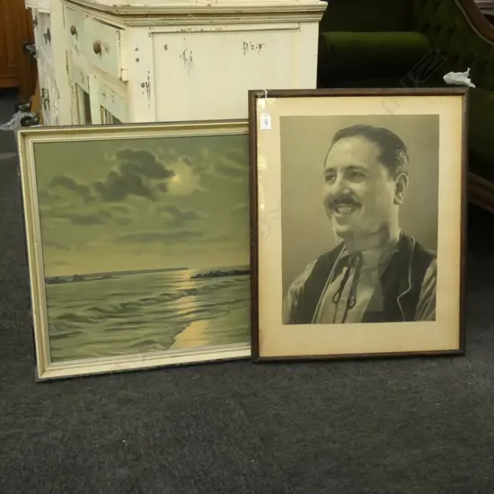 2 ARTWORKS; B/W PHOTO PORTRAIT & MOONLIT OCEAN PRINT 500x750mm