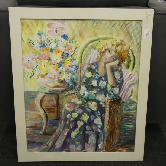 S RILEY ACRYLIC SEATED WOMAN & FLOWERS 590 X 490mm