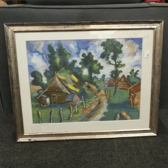 H SCHUUVNAI ? 1999 ACRYLIC FARM BUILDINGS 410 X 540mm.