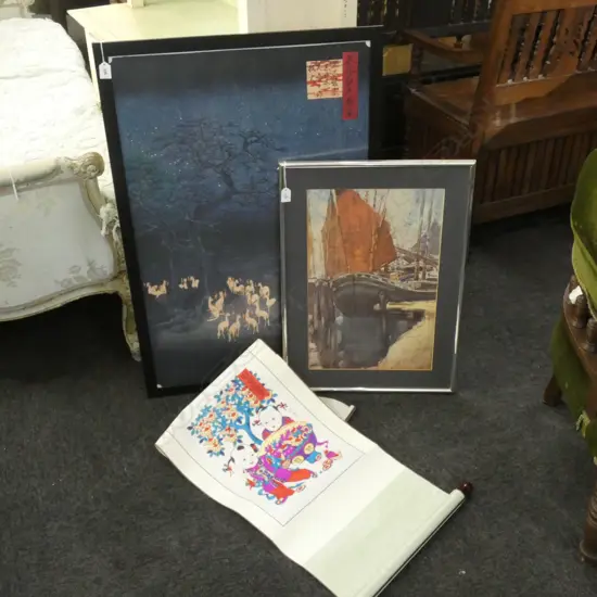 FRANCIS HODGKINS PRINT 'RED SAILS' + LARGE JAPANESE PRINT 890x590mm + SCROLL