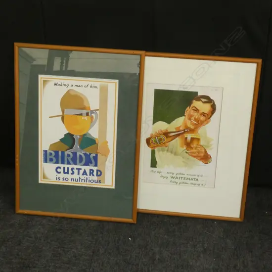 2 FRAMED VINTAGE ADVERTISTING PRINTS; WAITEMATA PALE ALE & BIRDS CUSTARD 340x240mm