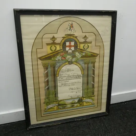 FRAMED ORANGE LODGE LITHOGRAPH CERTIFICATE C.1909 500x395mm