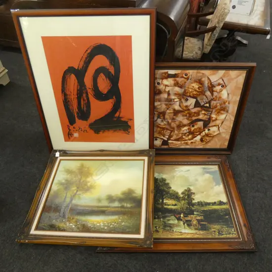 4 ARTWORKS; BROWN FISH, MARTIN LANDSCAPE OIL, LANDSCAPE PRINT, ORIENTAL PRINT 710x500mm 