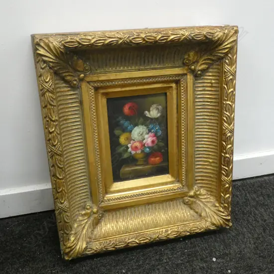 OLD GILT FRAMED OIL ON BOARD - VASE OF FLOWERS - SIGNED - PAINTING 110 X 160MM