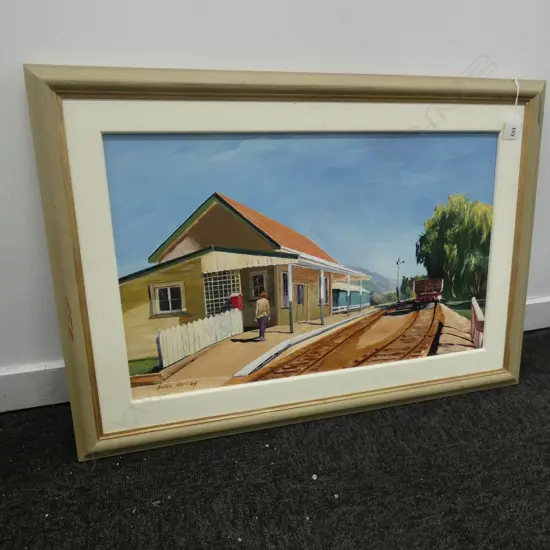BRIAN HARVEY OIL PAINTING 'OLD WAGON NELSON RAIL STATION