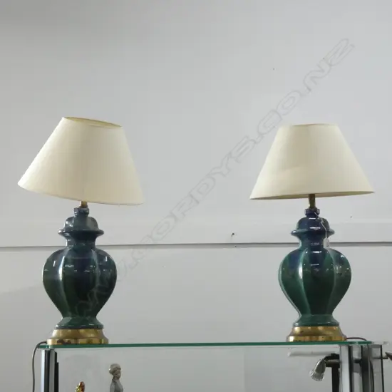 PR TABLE LAMPS BRASS BASES, BALUSTER DARK GREEN & BLUE GLAZE H.430MM