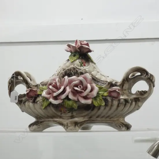 ORNATE ITALIAN MAJOLICA TUREEN w APPLIED PINK ROSES L 440 H 290MM 