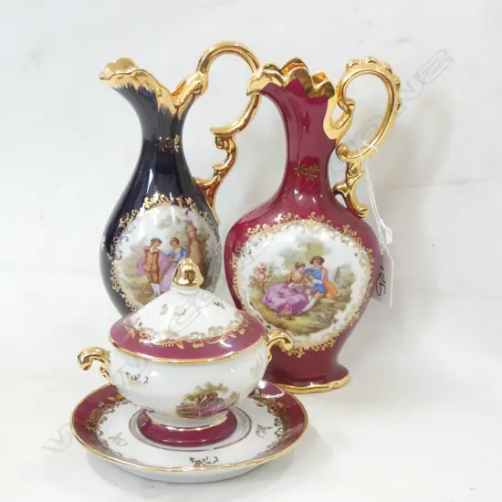 LIMOGES PR GOLD GILDED JUGS - 1 COBALT/1 BURGUNDY H. 190MM + SM LIDDED SAUCE DISH & PLATE