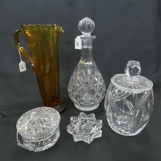 5 PCS GLASS & CRYSTAL; DECANTER (H315MM) 2 CONTAINERS; AMBER JUG (H290MM) + CANISTER T