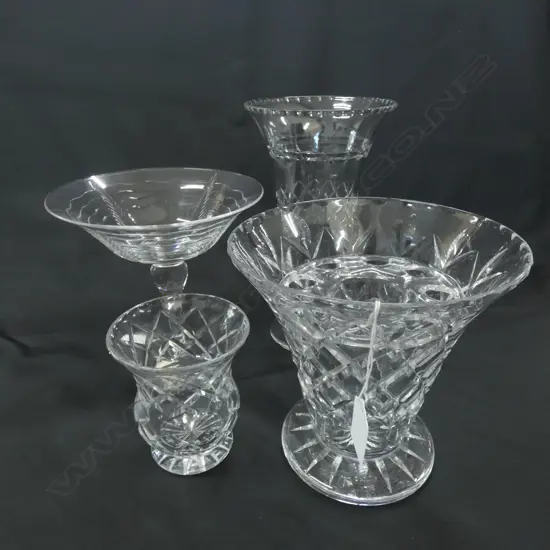 3 ASST CUT CRYSTAL VASES (LARGEST H. 245MM) 1 w FLOWER FROG + TALL FOOTED DISH H. H180MM