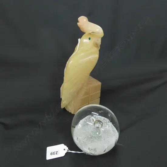 ALABASTER CRESTED BIRD (H 210MM) & CAITHNESS GLASS 'SENTINEL'  PAPERWEIGHT (APPROX DIA 85MM)