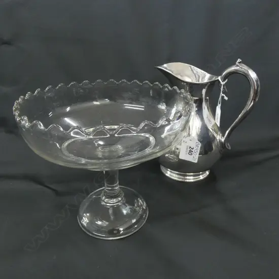 LG SILVER PLATE WATER JUG H. 210MM & TALL FOOTED GLASS BOWL DIA 215MM
