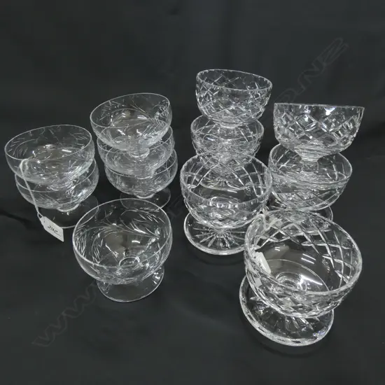 12 CRYSTAL CUT GLASS FOOTED DESSERT BOWLS; 2 SETS OF 6 