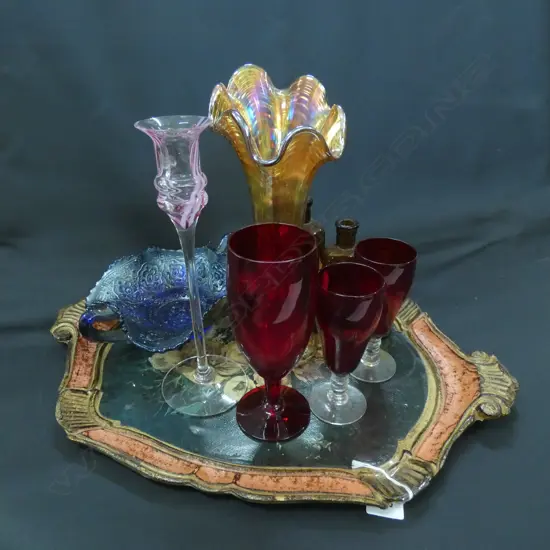 OLD WOODEN PAINTED TRAY OF COLOURED GLASS; CARNIVAL, CAITHNESS ETC..