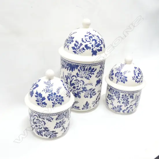 3 MASONS IRONSTONE LIDDED JARS, BLUE BATIK PATTERN