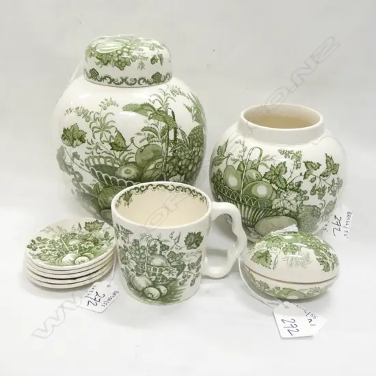9 PCS MASONS IRONSTONE, LIDDED GINGER JAR, 3 OTHER PCS & 5 DISHES
