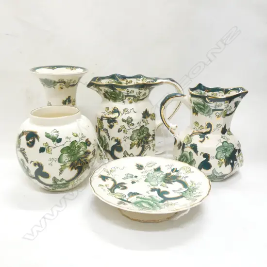 2 GRADUATED MASONS IRONSTONE BROWN VELVET JUGS + 2VASES+ DISH