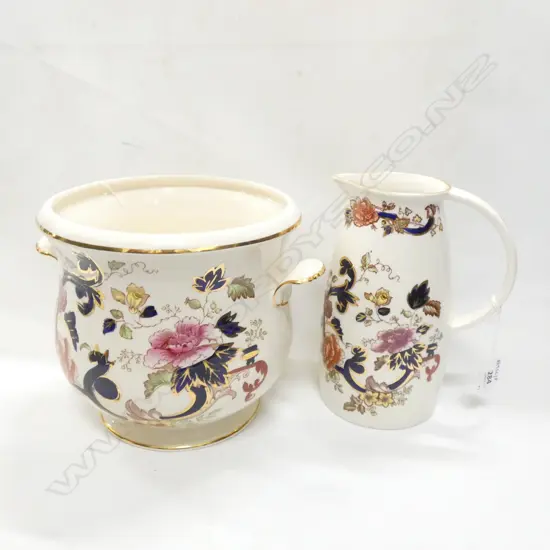 MASONS IRON STONE BLUE MANDERLAY PATTERN JARDINIERE & JUG