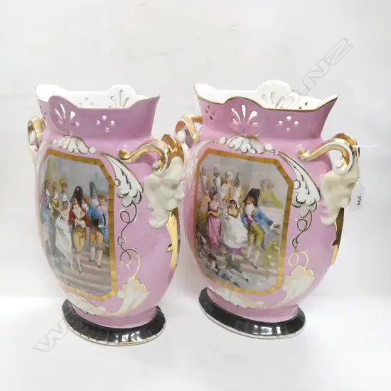 PR LG VICTORIAN PINK VASES W PERIOD SCENES & GOLD GILT - H. 350MM HAVE REPAIRS 