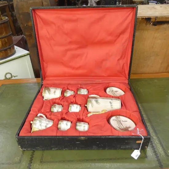 OLD CASED JAPANESE SATSUMA SET; COFFEE POT / SUGAR BOWL/ LIDDED JUG/ 6 DEMITASSE CUPS & SAUCERS 