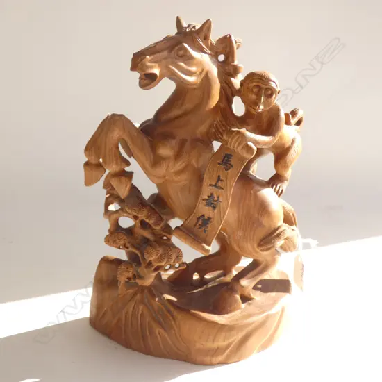 CARVED WOODEN ZODIAC HORSE & MONKEY H. 275MM A/F 