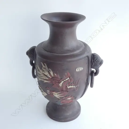 JAPANESE BROWN CERAMIC VASE w. DRAGONS H.330mm