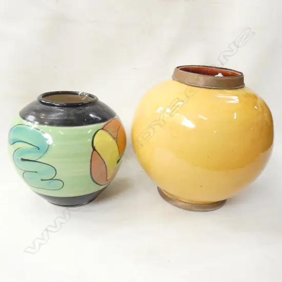 SIGNED POTTERY VASE (H.220MM) & COPPER RIMMED YELLOW POTTERY VASE H. 285MM