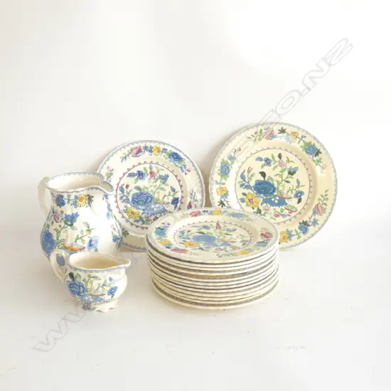 18 PCS MASONS REGENCY; 2 JUGS LARGEST H.140MM 16 PLATES - 2 SIZES 