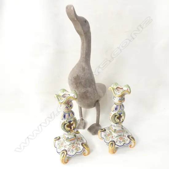 PR ITALIAN PAINTED CERAMIC CANDLESTICKS H.235mm + CARVED WOODEN DUCK H.480mm