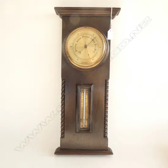 (16169) BAROMETER & THERMOMETER IN WOODEN STAND H. 530MM (BAROMETER GLASS A/F)