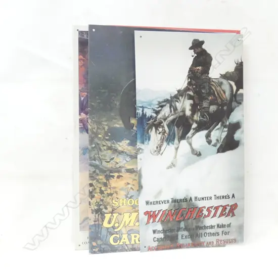 4 ASST GUN (WINCHESTER ETC) RELATED TIN PLATE SIGNS - LARGEST 285 X 415MM