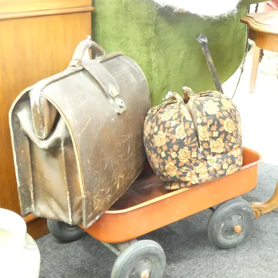 2 VINTAGE BAGS; BROWN CORD ROSES + LEATHER