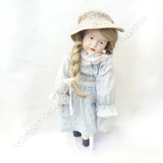 SIGNED PORCELAIN DOLL w STAND H. 540MM
