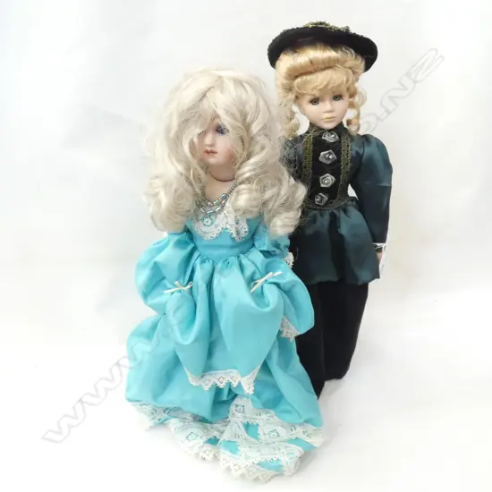 PAIR PORCELAIN DOLLS ON STANDS- TALLEST 460MM