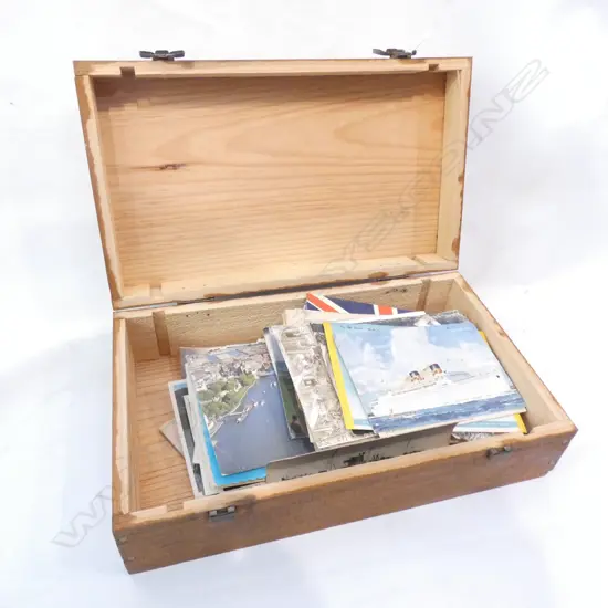 WOODEN BOX OF ASST. POSTCARDS ETC