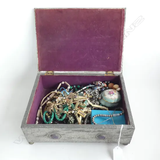 OLD PEWTER BOX ( L 270MM) FULL OF OLD JEWELLERY  ETC.