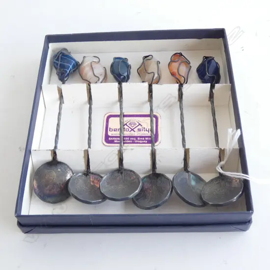 BOX 6 COFFEE SPOONS - OLD COIN BOWL & GEMSTONE HANDLES 