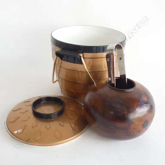 RETRO GOLD & BLACK PLASTIC ICE BUCKET w TONGS  & HAND CARVED SWAMP KAURI WOOD VASE H. 125MM (SIGNED)