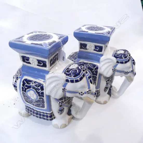 PAIR BLUE & WHITE CERAMIC ELEPHANTS H. 435MM