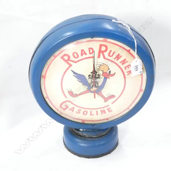 NOVELTY BATTERY OPERATED TIN PLATE 'ROAD RUNNER GASOLINE' CLOCK H. 315 DIA 260MM