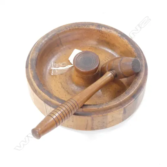 OLD WOODEN NUT BOWL AND HAMMER (DIA 215MM)