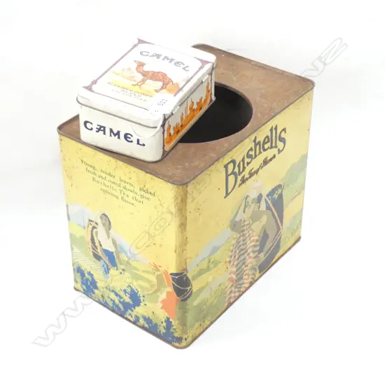 TWO VINTAGE TINS; BUSHELLS TEA H. 212MM & CAMEL TOBACCO TIN L 138MM