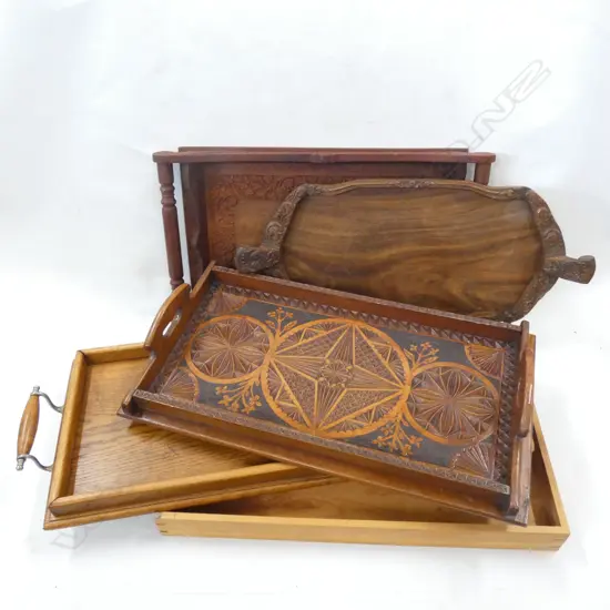 5 WOODEN TRAYS; ONE CHIP CARVED L.535mm