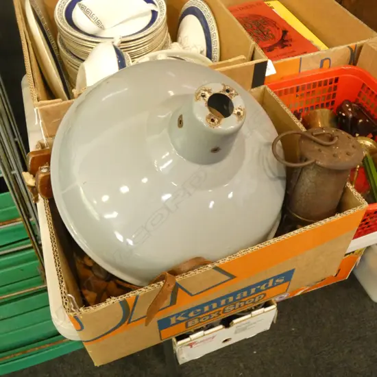 BOX LOT; BED WARMER. REPRO MINERS LAMP. VINTAGE HORN. METAL LAMP SHADE