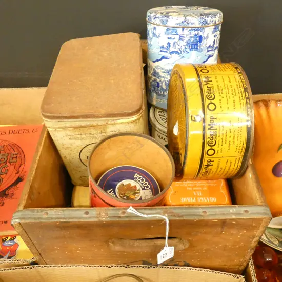 16 TINS IN OLD. 7 UP WOODEN CRATE