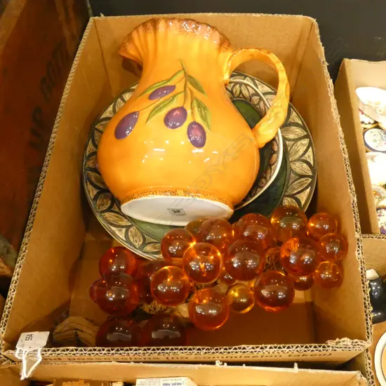 LGE ORANGE JUG DECORATED, 2 DISHES MARKED "RICHARDS" & FAUX PLASTIC GRAPE BUNCH