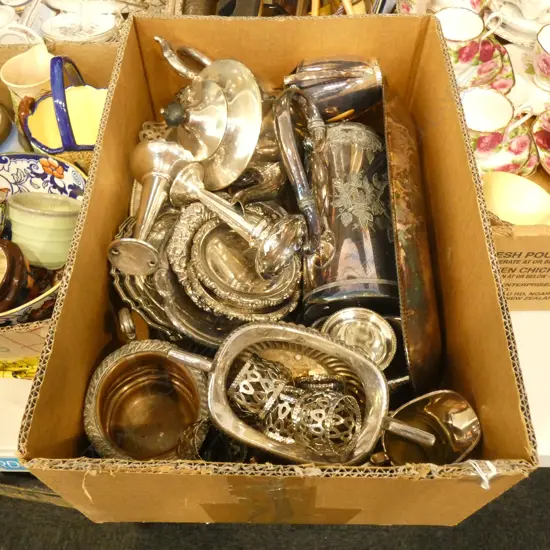 LG BOX LOT ASST SILVER PLATE INCL VASES / JUGS/ COFFEE POTS ETC..