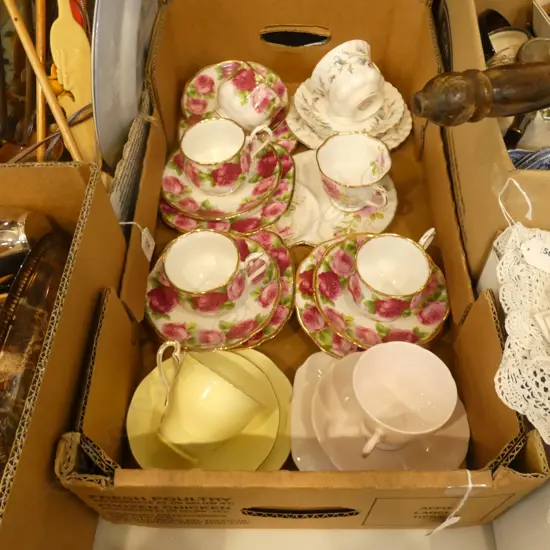 BOX LOT CHINA TRIOS; INCL 5 ROYAL ALBERT OLD ENGLISH ROSES 